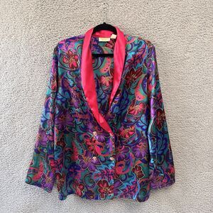 Vintage Gold Label Victoria Secret Satin Pajama Floral Button Top Colorful M